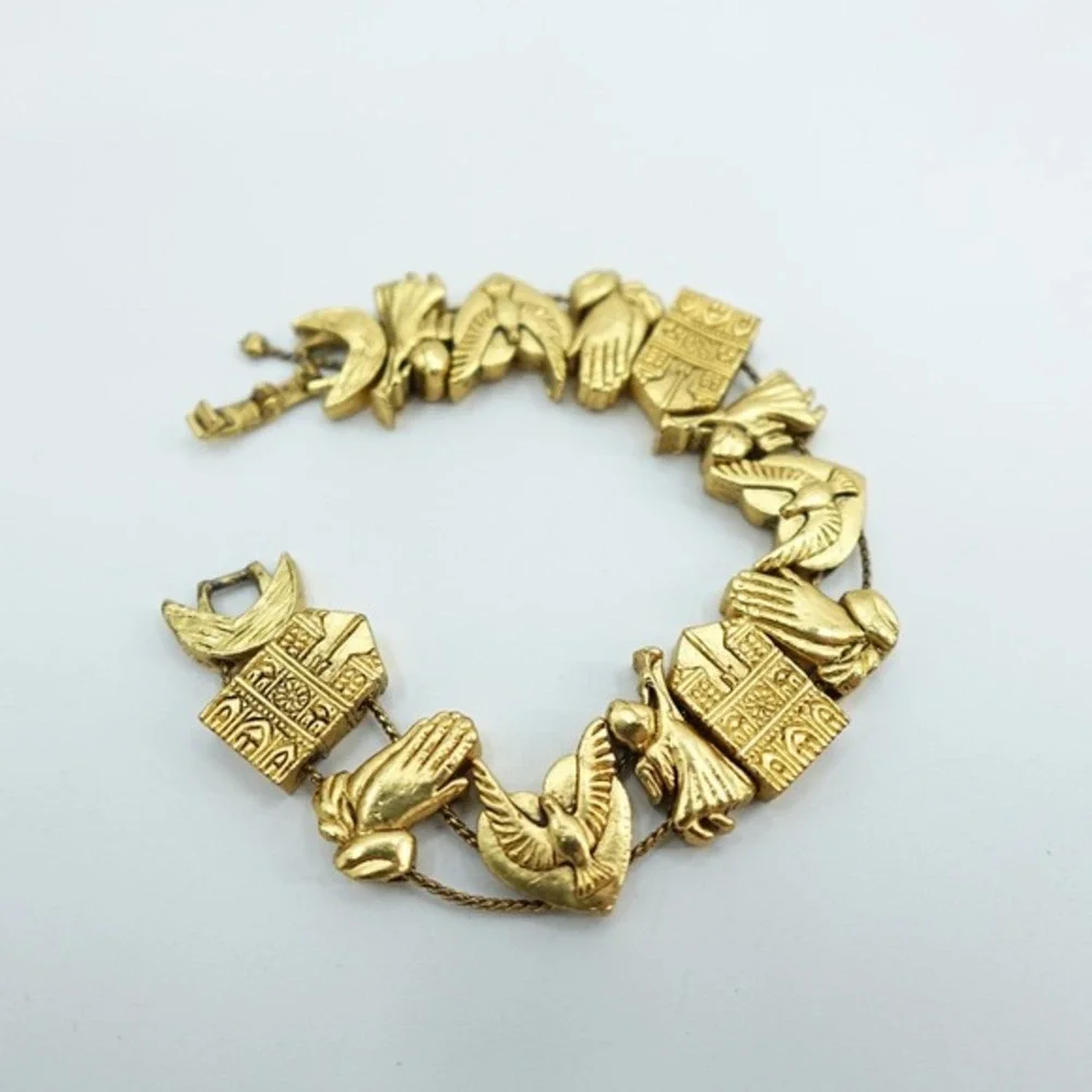 VTG Gold‎ Tone Religious Bracelet Praying Hands Angel Dove Panel Ornate 7